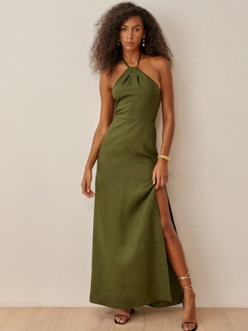 REFORMATION Elmer Linen Dress in Fern ~ green halterneck maxi dresses ~ womens halter occasion fashion ~ women’s summer party wear