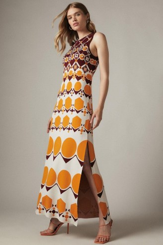 KAREN MILLEN Embellished Geo Jacquard Midi Dress Orange | sleeveless knitted retro print dresses | women’s 70s style fashion - flipped
