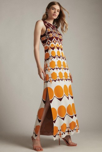 KAREN MILLEN Embellished Geo Jacquard Midi Dress Orange | sleeveless knitted retro print dresses | women’s 70s style fashion
