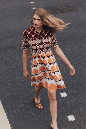KAREN MILLEN Embellished Geo Jacquard Swing Dress Orange | womens 70s style dresses | women’s retro print fashion - flipped