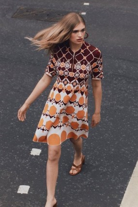 KAREN MILLEN Embellished Geo Jacquard Swing Dress Orange | womens 70s style dresses | women’s retro print fashion