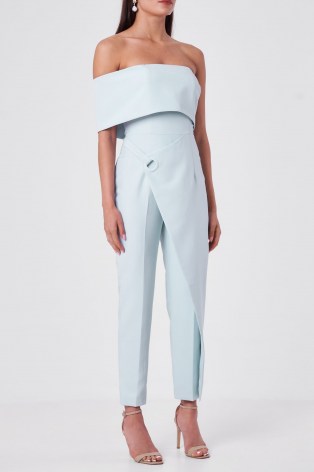 LAVISH ALICE eyelet detail wrap tapered jumpsuit in baby blue – folded detail off the shoulder jumpsuits - flipped