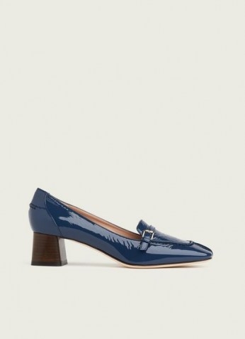 L.K. BENNETT FELICITY BLUE CRINKLE PATENT LEATHER HEELED LOAFERS ~ womens high shine block heel square toe loafer ~ women’s preppy style shoes - flipped