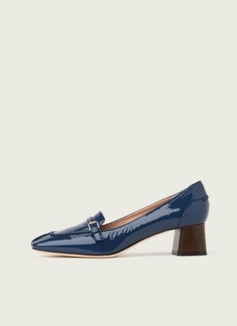L.K. BENNETT FELICITY BLUE CRINKLE PATENT LEATHER HEELED LOAFERS ~ womens high shine block heel square toe loafer ~ women’s preppy style shoes