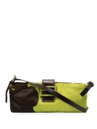 Fendi Pre-Owned FF plaque shoulder bag in chartreuse green/coffee brown ~ designer handbags