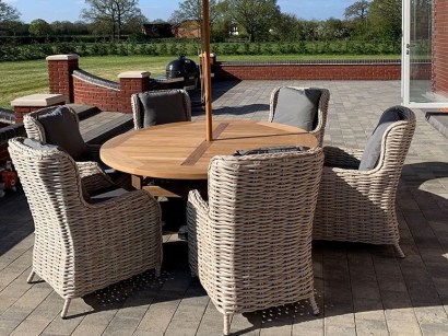 The Garden Furniture Centre Fiji 6 Chair Chunky Dining Set ~ contemporary woven garden table and chairs ~ synthetic rattan outdoor furniture sets ~ seating ~ round dining tables - flipped