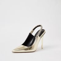 RIVER ISLAND Gold faux leather sling back court shoes / metallic slingback courts / womens glamorous evening heels