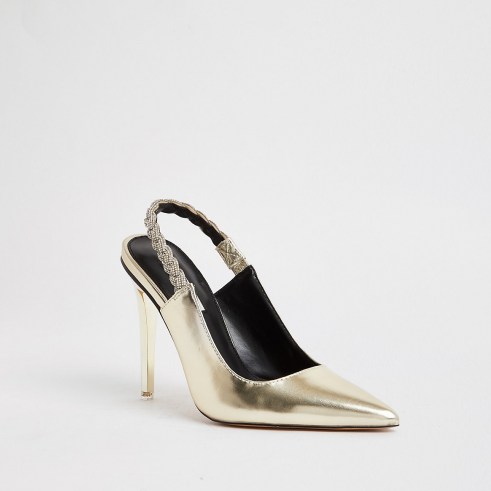 RIVER ISLAND Gold faux leather sling back court shoes / metallic slingback courts / womens glamorous evening heels - flipped