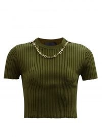GIVENCHY Chain ribbed-jersey cropped top in green ~ olive short sleeve crop top ~ jewellery embellished clothing ~ womens designer fashion