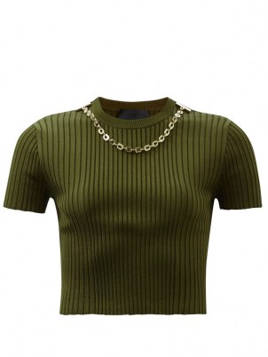 GIVENCHY Chain ribbed-jersey cropped top in green ~ olive short sleeve crop top ~ jewellery embellished clothing ~ womens designer fashion - flipped