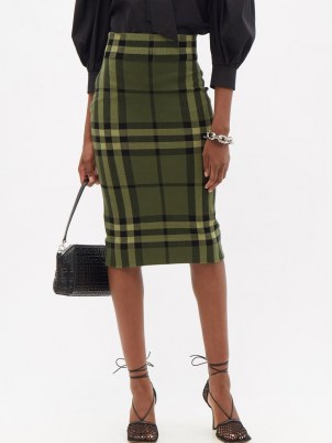 BURBERRY Check-jacquard cotton-blend jersey pencil skirt / green check print fitted skirts - flipped