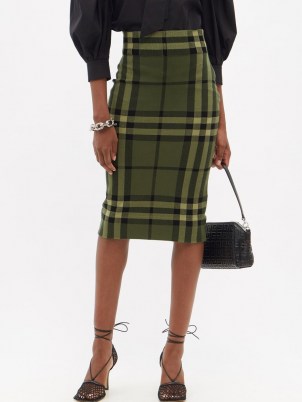 BURBERRY Check-jacquard cotton-blend jersey pencil skirt / green check print fitted skirts
