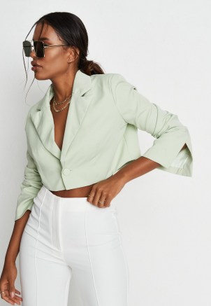MISSGUIDED green co ord cropped tailored blazer ~ women’s crop hem blazers ~ womens split sleeve detail jackets - flipped