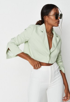 MISSGUIDED green co ord cropped tailored blazer ~ women’s crop hem blazers ~ womens split sleeve detail jackets