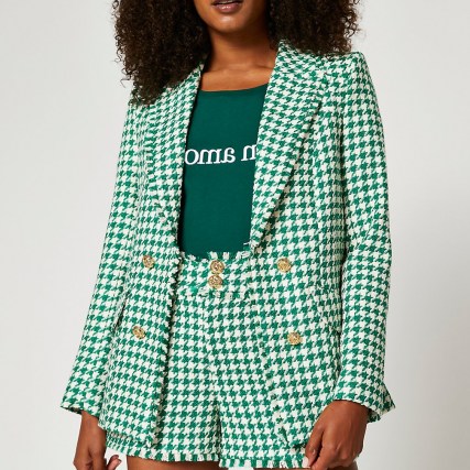 RIVER ISLAND Green Edge To Edge Boucle Blazer / womens checked frayed trim blazers / women’s textured on trend check print jackets - flipped