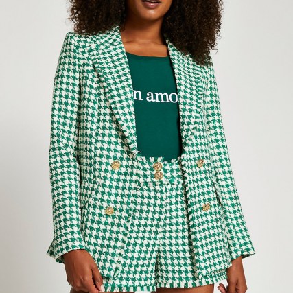 RIVER ISLAND Green Edge To Edge Boucle Blazer / womens checked frayed trim blazers / women’s textured on trend check print jackets