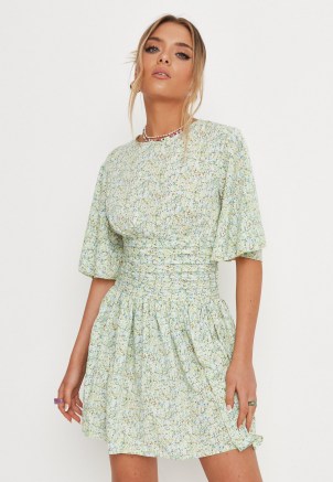 MISSGUIDED green floral print pleated waist mini dress ~ flutter sleeve dresses ~ angel sleeved fashion - flipped