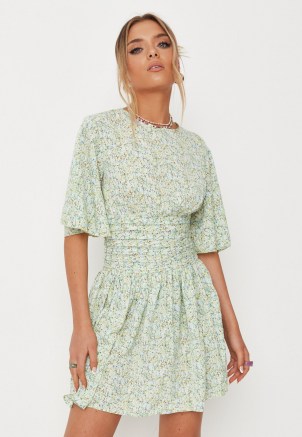 MISSGUIDED green floral print pleated waist mini dress ~ flutter sleeve dresses ~ angel sleeved fashion
