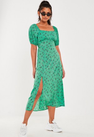MISSGUIDED green floral print puff sleeve midi dress / empire waist dresses with split hem - flipped