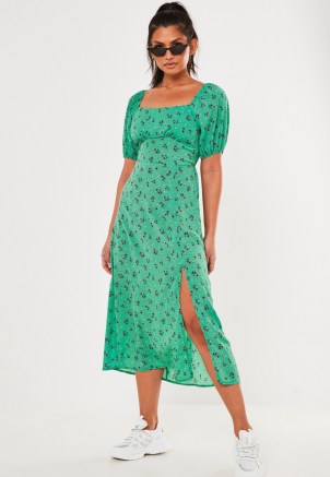 MISSGUIDED green floral print puff sleeve midi dress / empire waist dresses with split hem