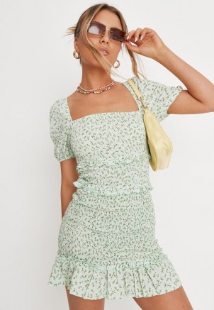 MISSGUIDED green floral print shirred puff sleeve mini dress / ruffle trim dresses - flipped