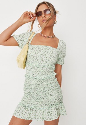 MISSGUIDED green floral print shirred puff sleeve mini dress / ruffle trim dresses
