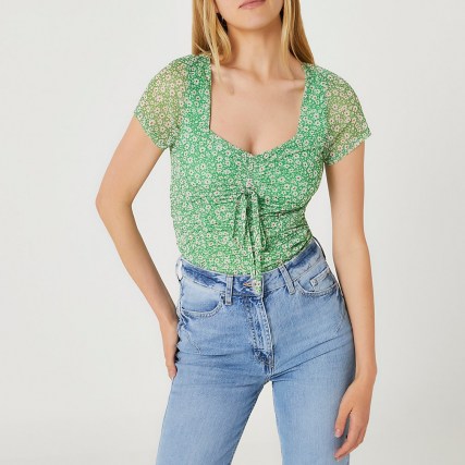 RIVER ISLAND Green floral ruched front mesh top / semi sheer gathered detail tops - flipped