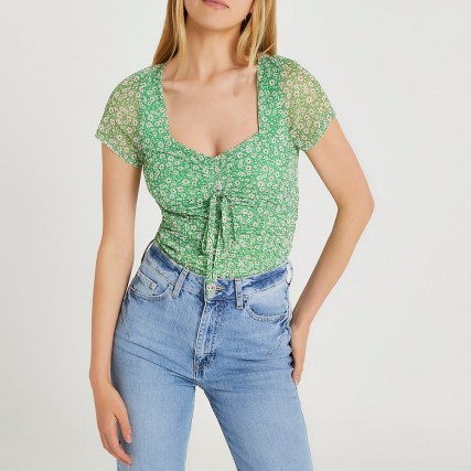 RIVER ISLAND Green floral ruched front mesh top / semi sheer gathered detail tops