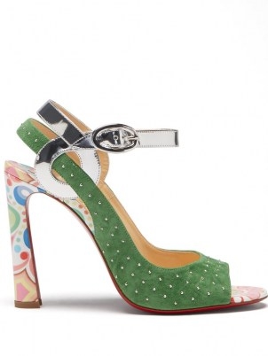 CHRISTIAN LOUBOUTIN Loopinga 100 leather and suede sandals in green ~ luxe metallic detail high heels - flipped