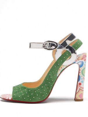 CHRISTIAN LOUBOUTIN Loopinga 100 leather and suede sandals in green ~ luxe metallic detail high heels