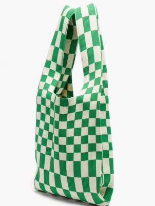LASTFRAME Medium green Ichimatsu-check ribbed-knit tote bag / check print shopper bags / checked shoppers - flipped