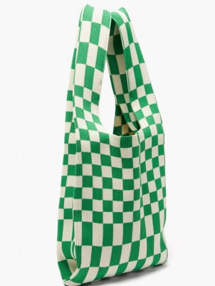 LASTFRAME Medium green Ichimatsu-check ribbed-knit tote bag / check print shopper bags / checked shoppers