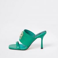 RIVER ISLAND Green RI branded heeled mules ~ croc effect high heel sandals ~ crocodile embossed heels