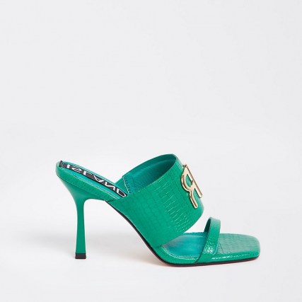 RIVER ISLAND Green RI branded heeled mules ~ croc effect high heel sandals ~ crocodile embossed heels - flipped