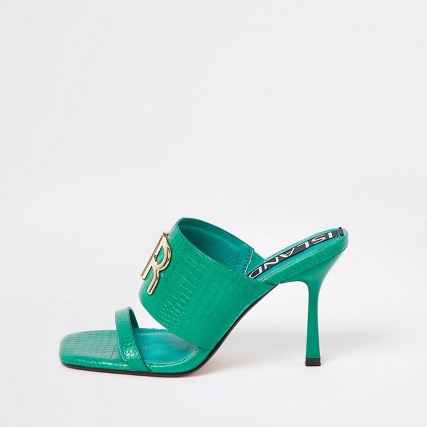 RIVER ISLAND Green RI branded heeled mules ~ croc effect high heel sandals ~ crocodile embossed heels