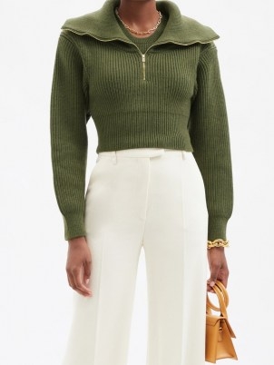 JACQUEMUS Risoul green sailor-collar wool cropped sweater ~ womens crop hem sweaters ~ designer knitwear - flipped