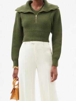 JACQUEMUS Risoul green sailor-collar wool cropped sweater ~ womens crop hem sweaters ~ designer knitwear