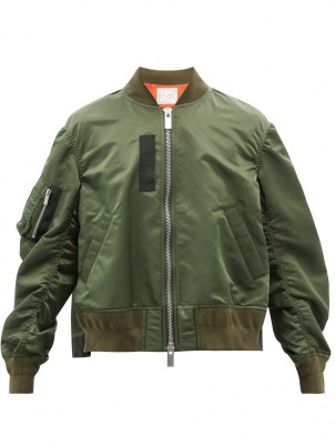 SACAI Green satin bomber jacket | womens casual front zip jackets - flipped