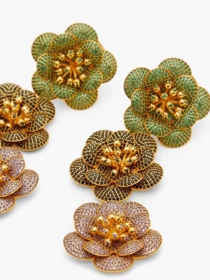 BEGUM KHAN Shalimar 24kt gold-plated clip earrings / long glamorous floral drops / womens evening accessories / women’s statement jewellery / occasion glamour / green and pink - flipped