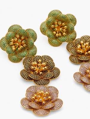 BEGUM KHAN Shalimar 24kt gold-plated clip earrings / long glamorous floral drops / womens evening accessories / women’s statement jewellery / occasion glamour / green and pink