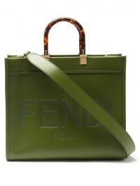 FENDI Sunshine logo-embroidered green leather tote bag ~ square shaped shoulder bags ~ tortoiseshell plexiglass top handle ~ womens designer logo handbags
