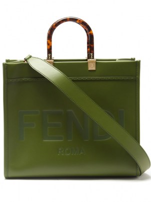 FENDI Sunshine logo-embroidered green leather tote bag ~ square shaped shoulder bags ~ tortoiseshell plexiglass top handle ~ womens designer logo handbags