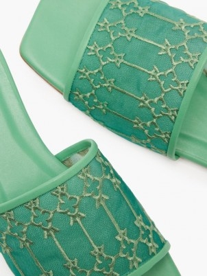 ANDREA WAZEN Sursock green mesh-panel leather slides ~ womens luxe embroidered sliders - flipped
