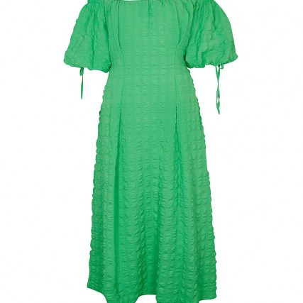RIVER ISLAND Green textured bardot midi dress ~ off the shoulder puff sleeve dresses ~ short tie sleeves - flipped