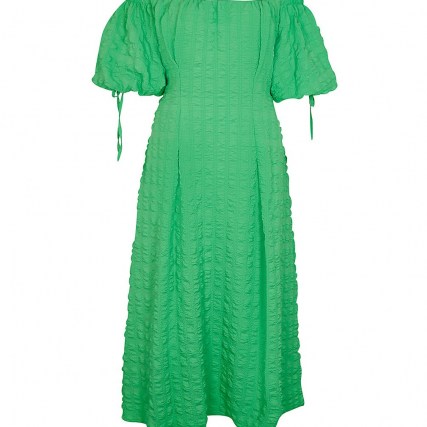 RIVER ISLAND Green textured bardot midi dress ~ off the shoulder puff sleeve dresses ~ short tie sleeves