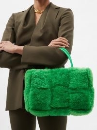 BOTTEGA VENETA The Arco small leather and green shearling tote bag ~ womens fluffy bags ~ women’s textured handbags