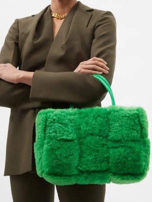 BOTTEGA VENETA The Arco small leather and green shearling tote bag ~ womens fluffy bags ~ women’s textured handbags