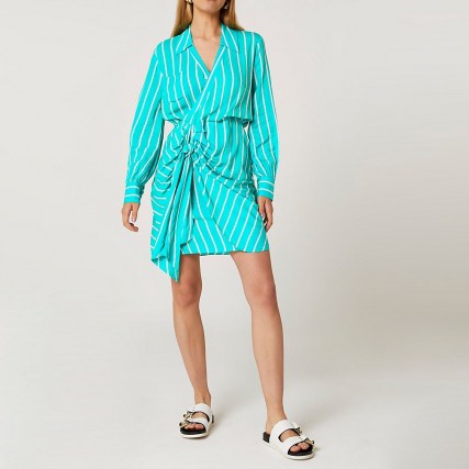RIVER ISLAND Green tie front stripe shirt dress ~ point collar ruched detail dresses - flipped