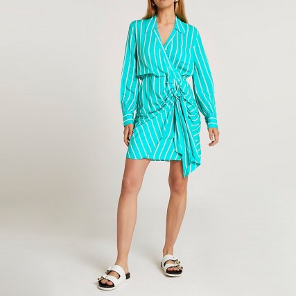 RIVER ISLAND Green tie front stripe shirt dress ~ point collar ruched detail dresses