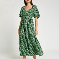 RIVER ISLAND Green v neck belted puff sleeve midi dress – checked tie waist dresses